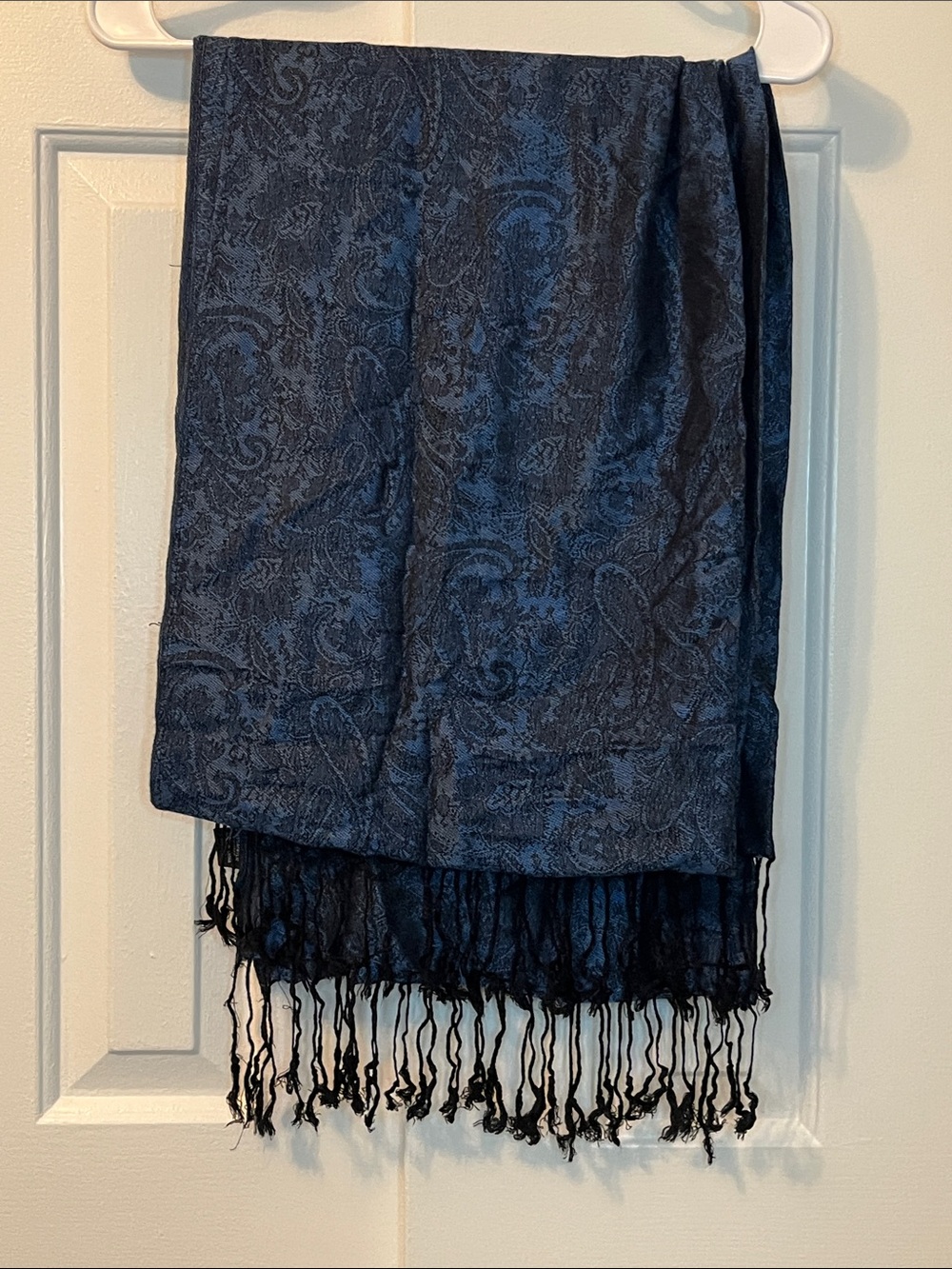 Blue Paisley Viscose Long Scarf With Fringe